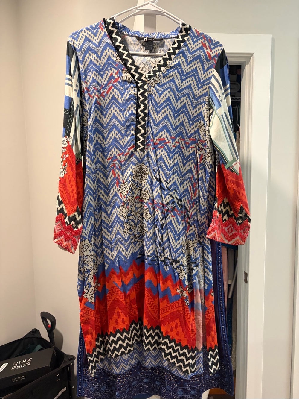 Chevron Print Long Sleeve Kurta - Blue & Red